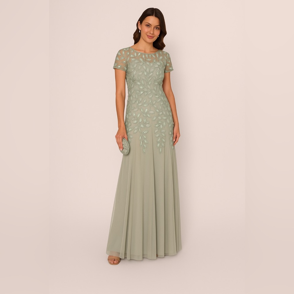 Adrianna Papell Beaded Mesh Gown NWT Size 12 Formal Evening MOB Sage Green GALA